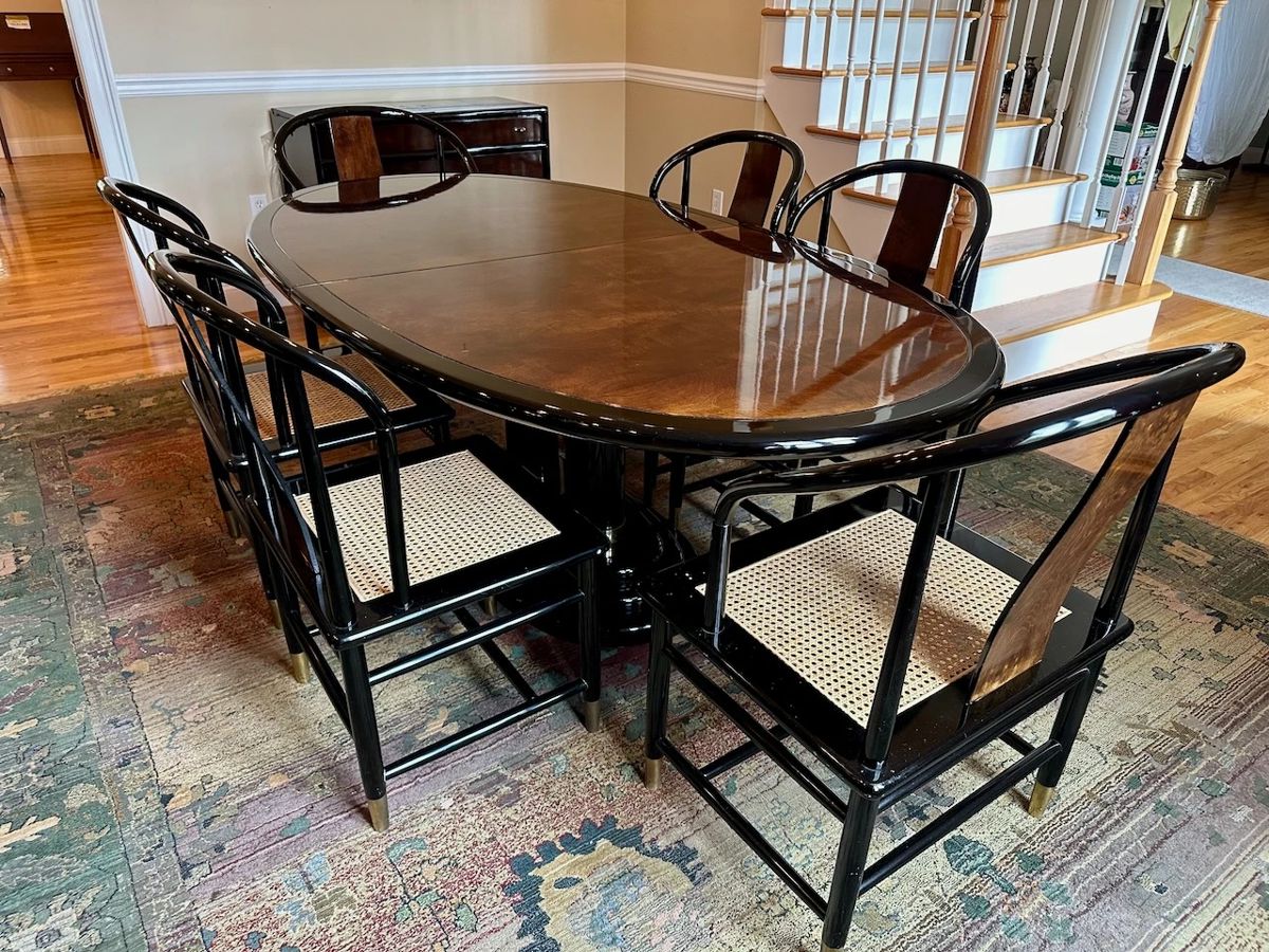 Henredon Scene Three Black Lacquer and Burl Walnut Dining Table and Cane Seat Chairs