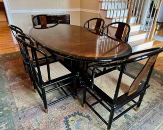 Henredon Scene Three Black Lacquer and Burl Walnut Dining Table and Cane Seat Chairs