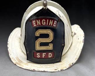 Vintage 1930s Cairns Firefighter Metal Helmet With Leather Engine 2 Shrewsbury Fire Department Badge