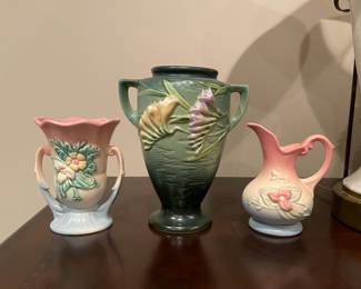 art pottery - Hull W-3-5 1/2"; Roseville "Freesia" 121-8; Hull W-2-5 1/2"