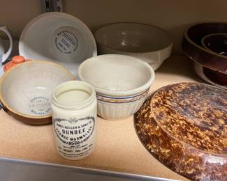 salt glazed bowls w/advertising, red wing bowl, etc.