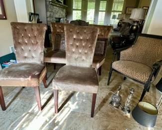 set of 4 upholstered dining chairs, black & print chair, lamps