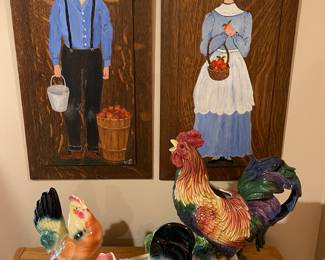 folk art painting on oak boards, ceramic roosters