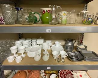 pitchers, milk glass, pewter, etc.