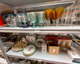 Mexican blown bubble glass; various glasses; Fitz & Floyd Christmas dishes, etc.