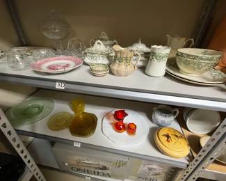 English green transferware Dunn, Bennett & Co.; depression glass, etc.