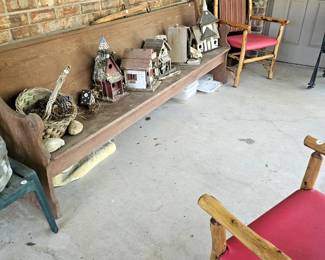 Hickory chairs, extra long wood bench and a collection of bird houses.