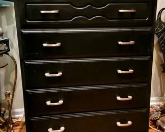 Tall black chest of five roomy drawers with new pulls. All wood. 40w x 41.5h x 17d
