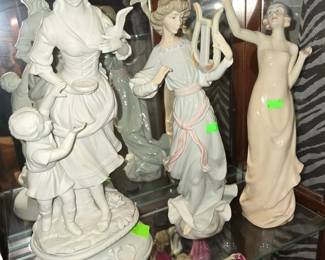 Ardalt Bisque Woman and child statue 16" (left), Lladro angel with harp (center) Lladro woman with dove (right)