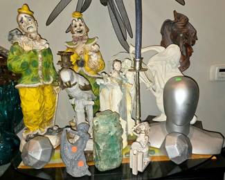 Vtg 1950s Circus Clown 24" Statues - Universal Statuary Corp, 1950s Large Parrot Candle Holder, Porcelain Brass (center)