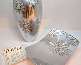 Hor D'Oeuvres silver platter and vase with Mother of Pearl inlay. Towle