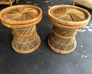 Late 20th Century Vintage Coastal Woven Rattan Drink Tables - Pair