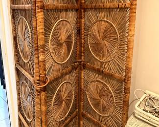 Vintage Mid-Century Woven Rattan Sunburst Room Divider- Three Panel