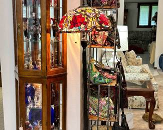 3 sided Curio with Mirror Back filled with Colorful Crystal/Glassware and Tiffany Style, Floor Lamp
