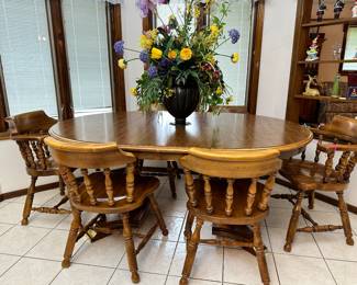 Vintage Maple Table, with Leaf and 2 Arm, and 4 Side Chairs and Large (4 foot high), Table Top Floral