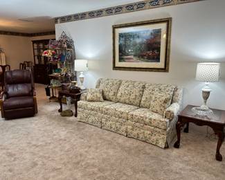 Queen Sleeper Sofa, by a La-Z-Boy Company
La-Z-Boy, Leather Rocker, Recliner
Pair of Clawfoot, End Tables with Glass Inserts
Pair of Vintage, Very Heavy Marble Lamps.
Wall Art