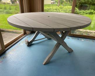 Solid wood patio umbrella table with wheels (comes with 4 picnic benches)