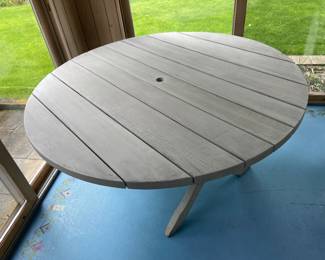 Solid wood patio umbrella table with wheels (comes with 4 picnic benches)