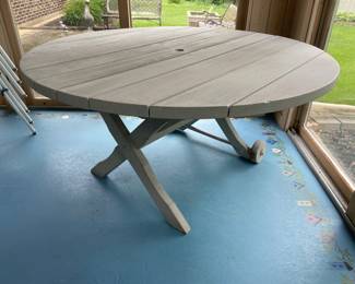 Solid wood patio umbrella table with wheels (comes with 4 picnic benches)