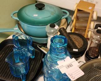 Indiana Frosted Blue Mountaineer Decanter, 	Pioneer Woman Dutch oven