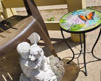 Plastic lawn chair, Butterfly glass table, Various lawn ornaments