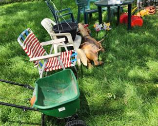 Lawn chairs, Scott's standard broadcast spreader, Spring rocking horse without frame by Moulded Products
