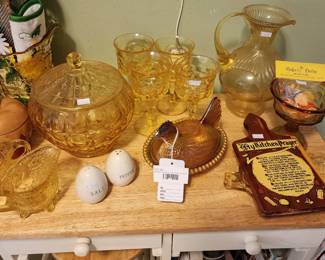 Amber Carnival Glass Hen on Nest, Salt and Pepper Shakers, Yellow glass pitcher and glass sets, VTG Indiana Glass Compote