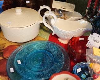 Amber glass plates, Amber glass fruit cups, Amber glass napkin holder, Rival crock pot, Blue Glass Plates