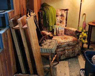 Antique Clock, DVD's, Recliner, Brass floor lamp