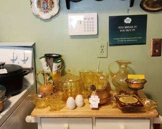 Amber Carnival Glass Hen on Nest, Salt and Pepper Shakers, Yellow glass pitcher and glass sets, VTG Indiana Glass Compote, Mugs
