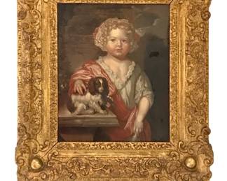 Young Child with Dog.  Oil painting in manner of Nicolaes Maes