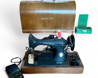  Singer electric sewing machine (model 128-23) with attachments and bentwood case (with key)