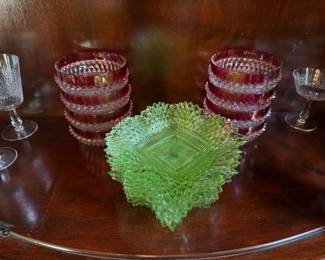 Vintage Indiana Glass Diamond Point Ruby individual salad bowls AND Indian Carnival Glass Iridescent Light Green dish bowl