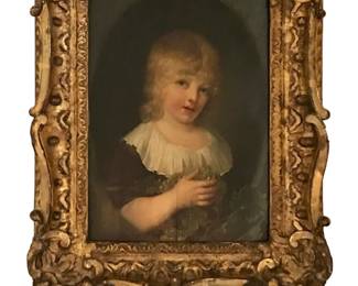 Young child holding grapes.  European school, 19th century.  Oil on board