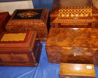 Box collection of lap desks, tea caddies and sewing boxes