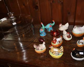 Miniature hens on nests