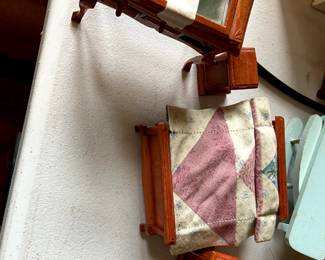 #210 Doll House furniture bed, 2 bedside table, vanity with mirror (as is mirror) bed spread (the elf shelf) $20.00