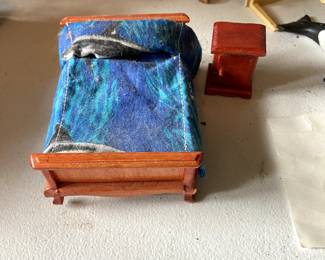 #213 doll house furniture wood bed and bedside table with spread $15.00