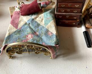#212 doll house furniture brass bed with spread, chest of drawer $20.00
