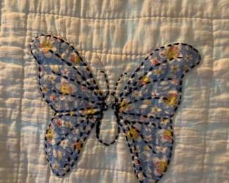 #81 Butterfly /applique (raw edge) hand-quilted Quilt - some stains/fading - butterfly Centers some stitching loose - 66x84 $45.00