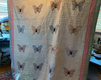 #81 Butterfly /applique (raw edge) hand-quilted Quilt - some stains/fading - butterfly Centers some stitching loose - 66x84 $45.00