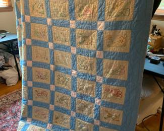 #87 Hand-embroidered Flower Block - hand-quilted Quilt - some stains/small hole - 68x74 $65.00