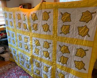 #83 Yellow Leaf Applique w/blanket Stitch set in Blocks - Hand-Quilted - 98x64 $75.00