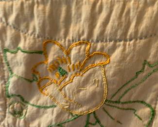 #87 Hand-embroidered Flower Block - hand-quilted Quilt - some stains/small hole - 68x74 $65.00