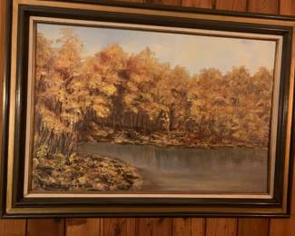 #190 Jean W. Woods original oil painting of lake with trees $300.00