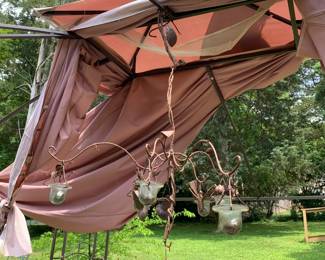 #175 Patio Rusted Chandelier w/rusted Bird and Dragon Fly w/6 candles - 24x24x36 - You Move $30.00