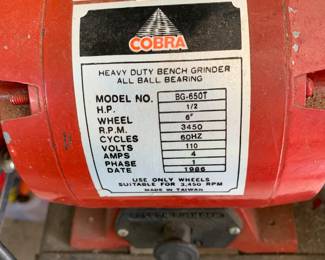#182 Garage Cobra Bench Grinder w/craftsman Stand $75.00