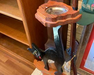 #123 vintage handmade Wood Cat w/top Tray for a glass - 26" Tall $30.00