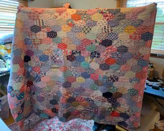 #79 Hexagon Scrappy Hand-quilted Quilt - 78x56 $60.00