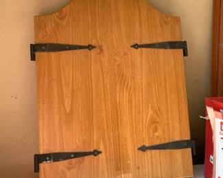 #149 Wood Dart Board in Wood Case w/doors w/darts, chalk, chalkboard - 19.5x25 $25.00